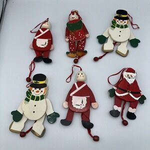 Vintage Wood Pull String Toy Ornament Christmas Set of 6 Snowman Santa Mrs Claus